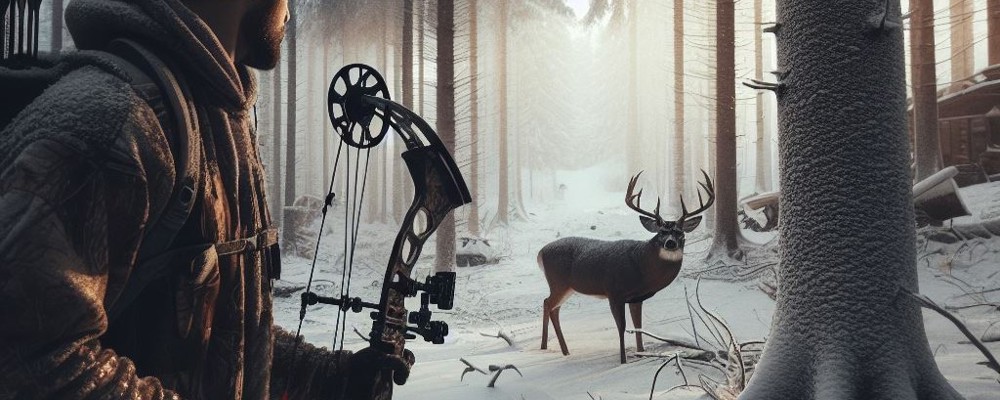 Bowhunter in snowy forest Bowhunter in snowy forest